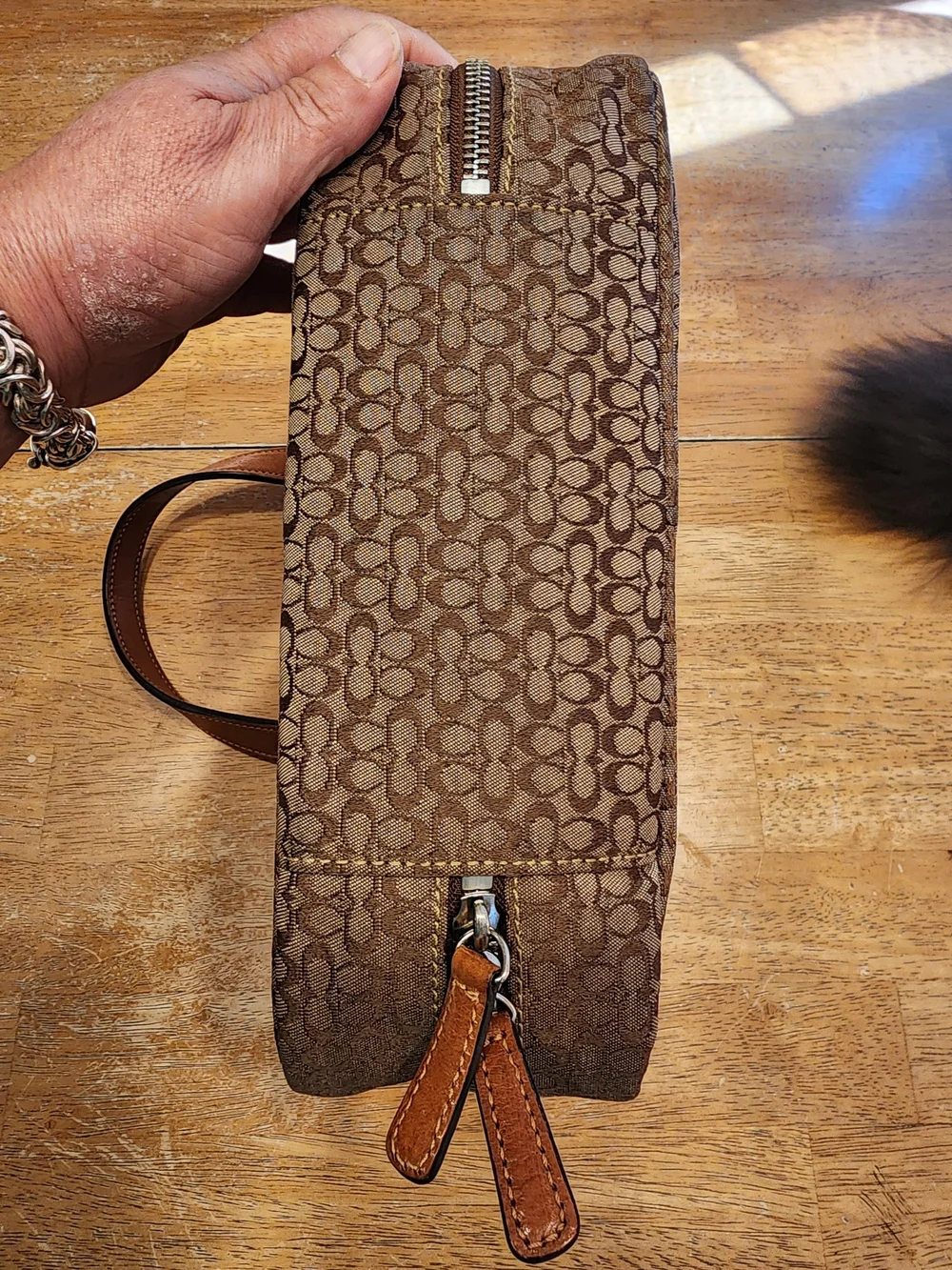 Coach Signature C Jacquard Canvas leather handle travel cosmetic makeup bag
